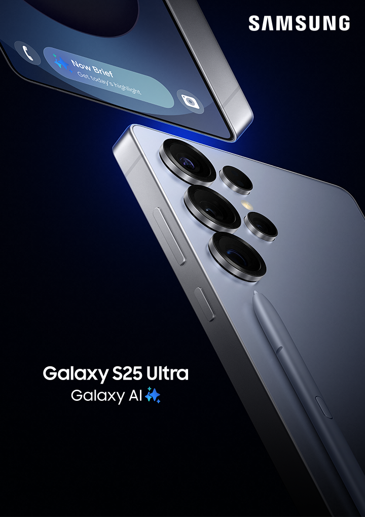 Beauty shot of two Samsung Galaxy S25 Ultra phones with Galaxy AI capabilities and an embedded S Pen.